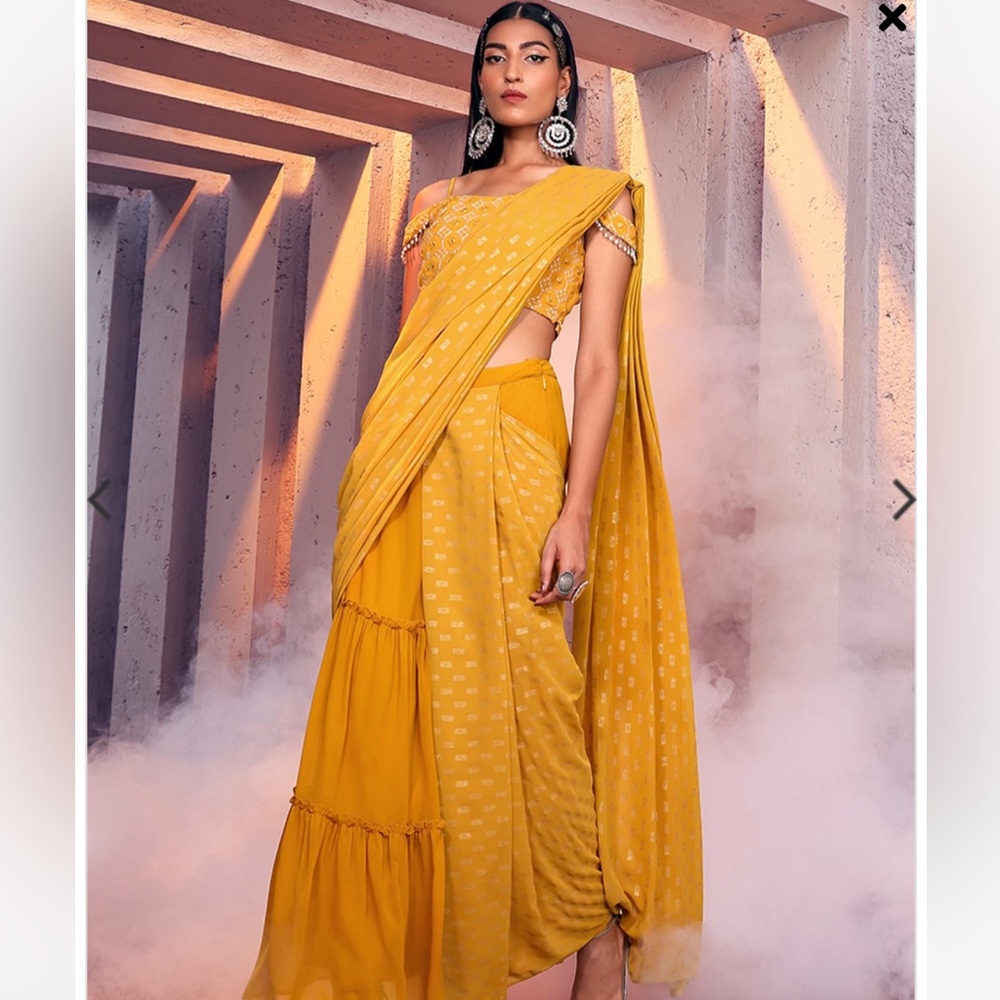 Mustard Yellow Pre-stitched Saree without blouse